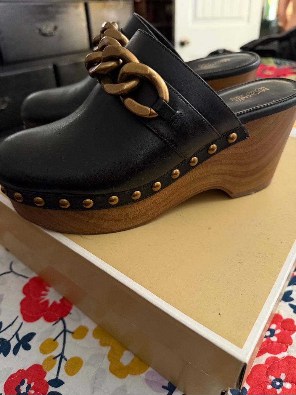 Michael Kors Black Leather Clog Mules with Gold Chain